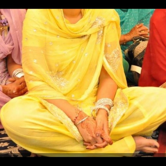 Pure Chinnon Chiffon yellow Punjabi Outfit with Heavy Embroidered Dupatta - Picture 1 of 10